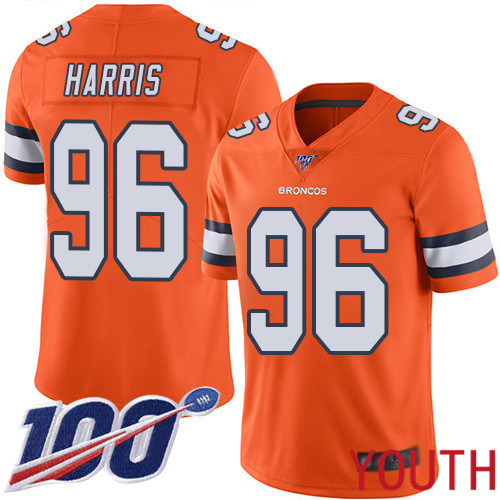 Youth Denver Broncos #96 Shelby Harris Limited Orange Rush Vapor Untouchable 100th Season Football NFL Jersey->youth nfl jersey->Youth Jersey